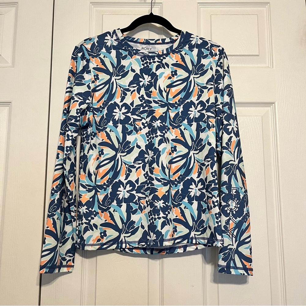 Roxy Sea Skippin Long Sleeve UPF 50 Surf Swim Rash Guard Top Blue Top